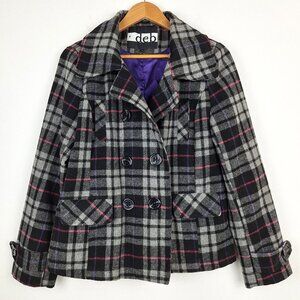 Double Breasted Wool Blend Pea Coat Size L. Black Purple Plaid Lined Schoolgirl